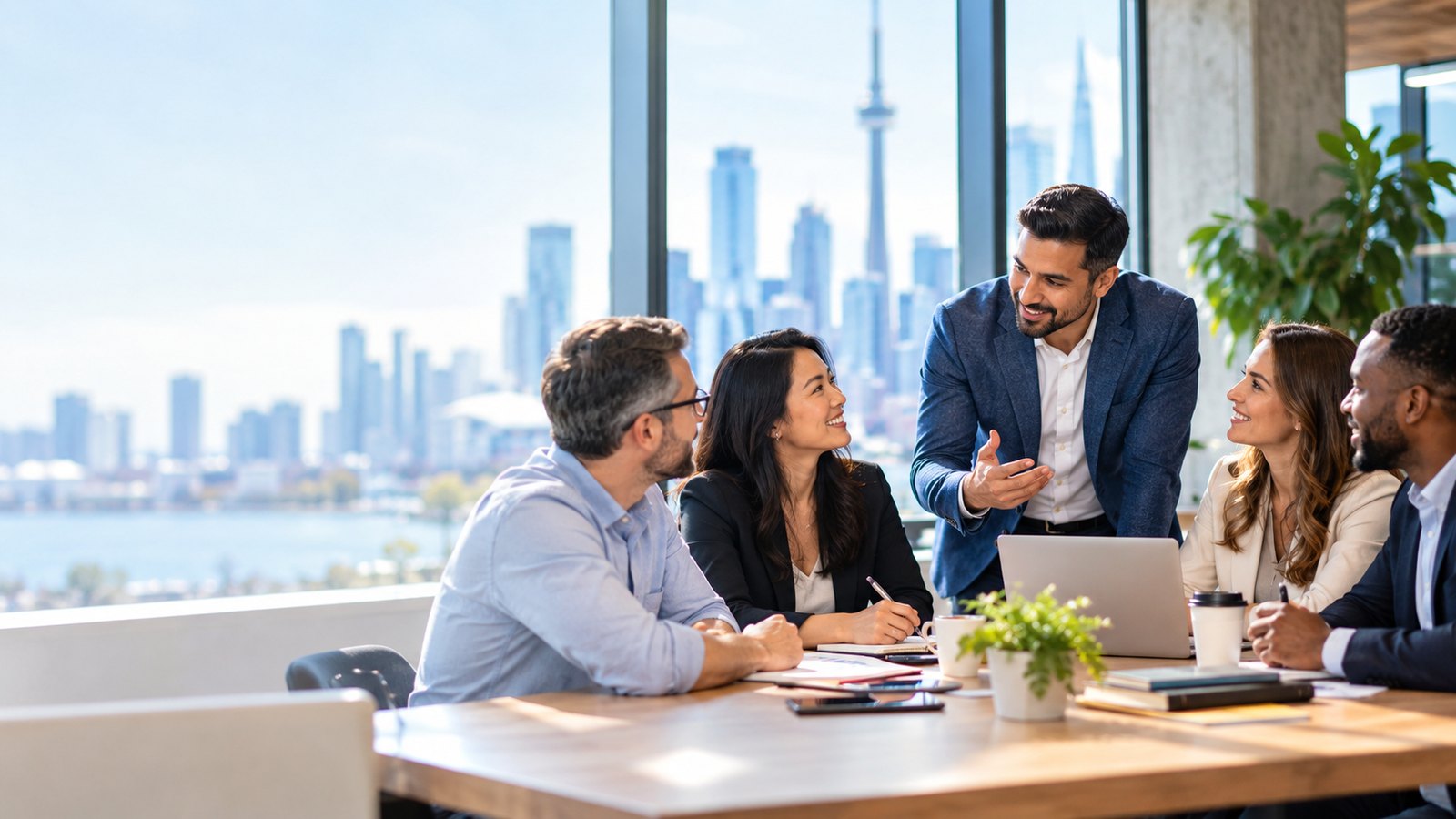 Founders and advisors in conversation around a meeting table, with the Toronto skyline behind them